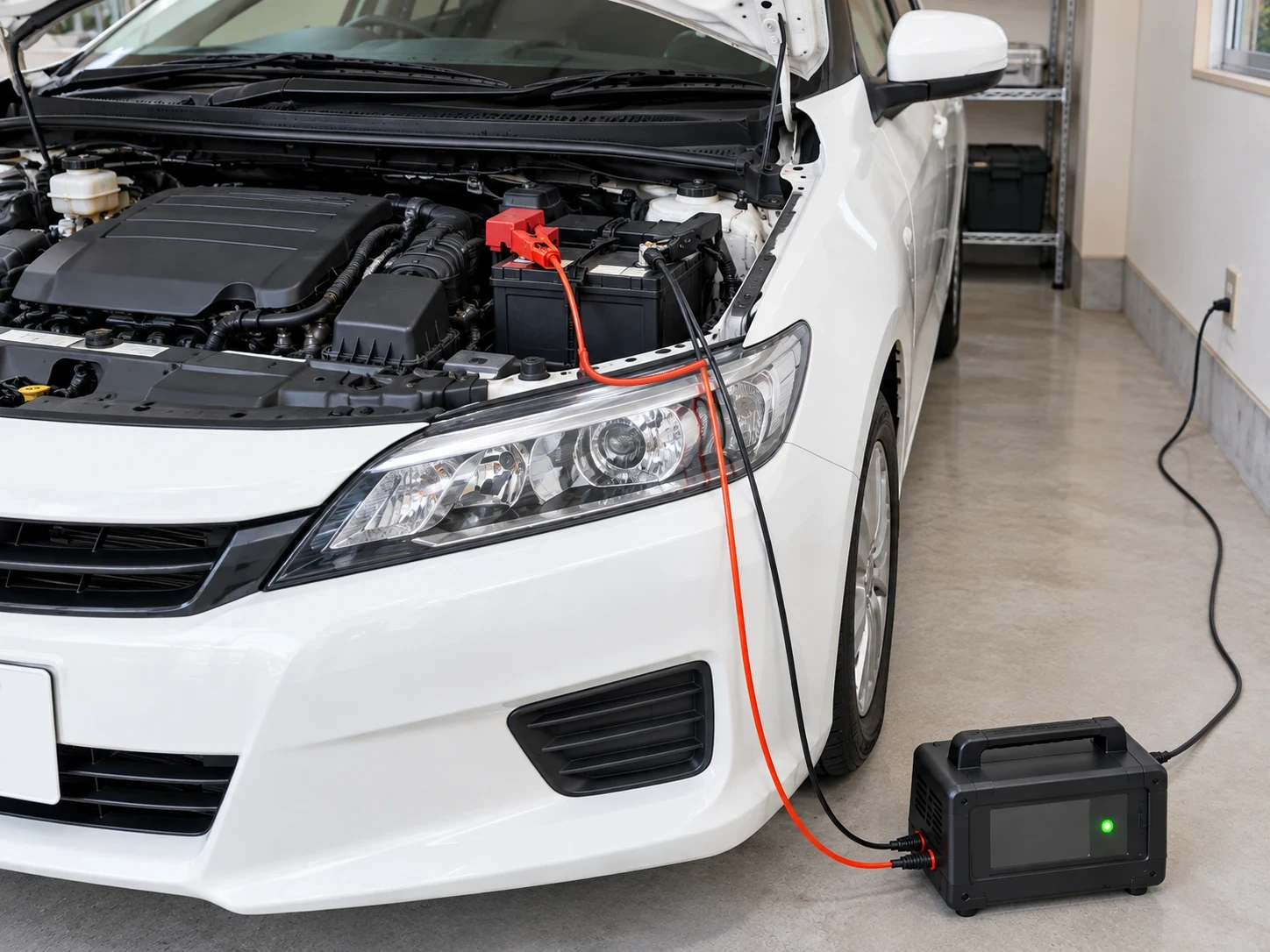 家庭用のバッテリー充電器で車のバッテリーを充電している様子｜メカピック