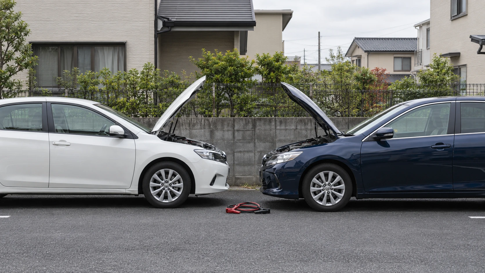 ボンネットを開けて向き合う救援車とバッテリーが上がった車｜メカピック