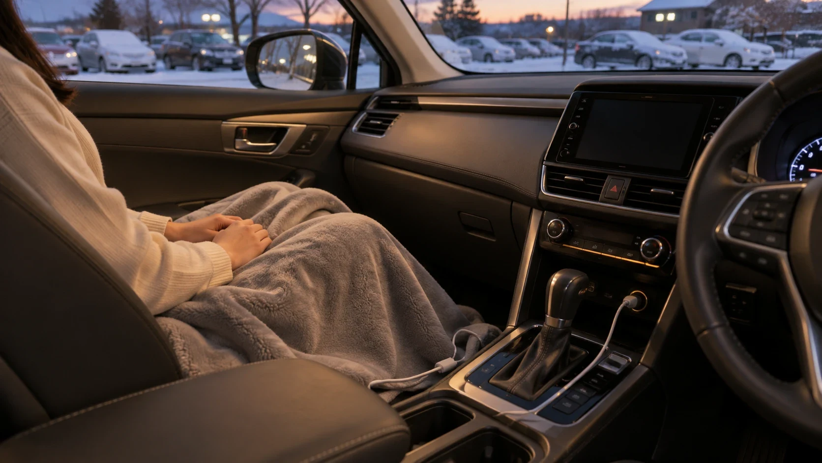 冬の車内で、電気毛布をひざに掛けて助手席に座る様子｜メカピック