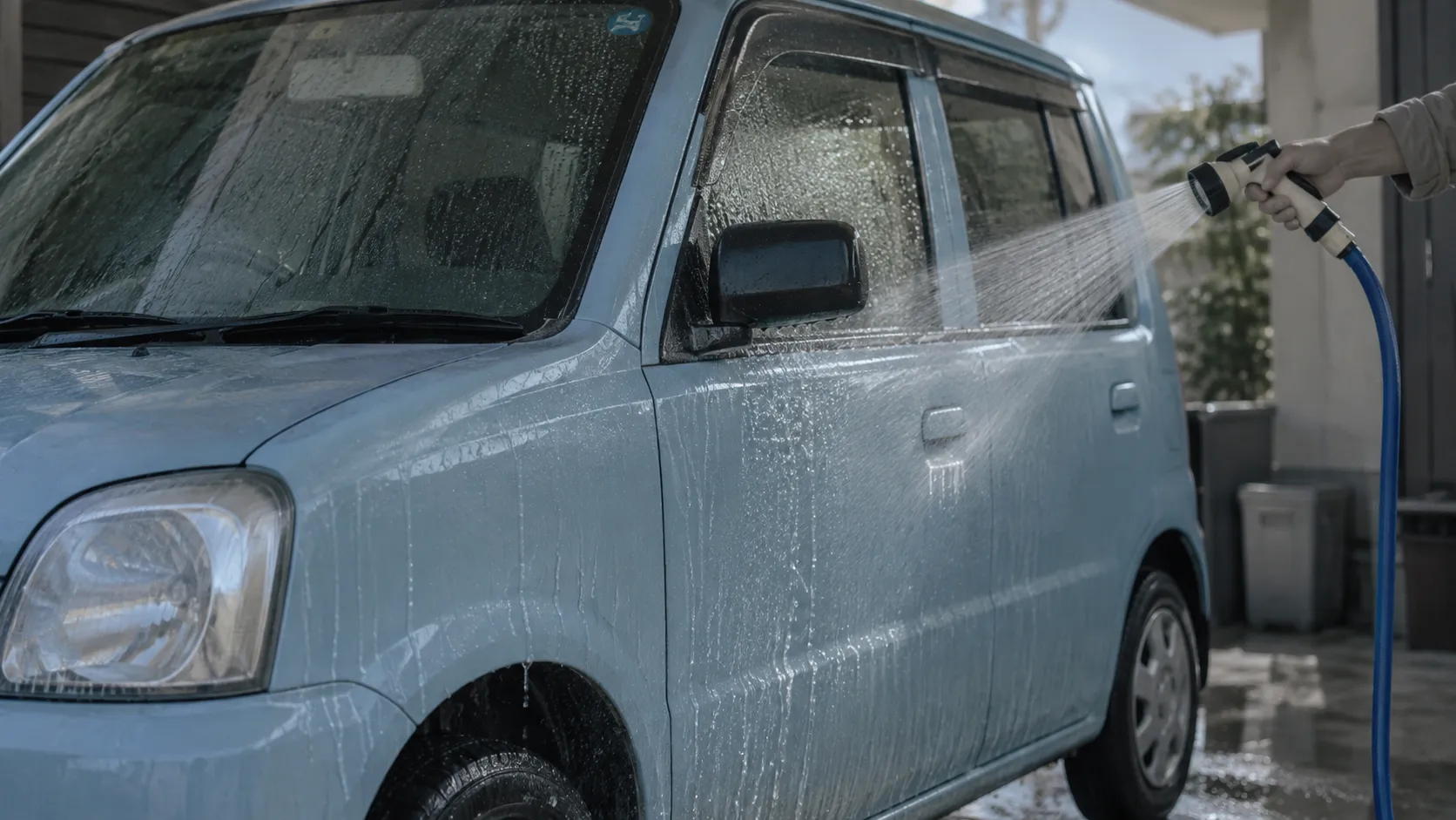 洗車前にホースの水で軽自動車を予洗いする様子｜メカピック