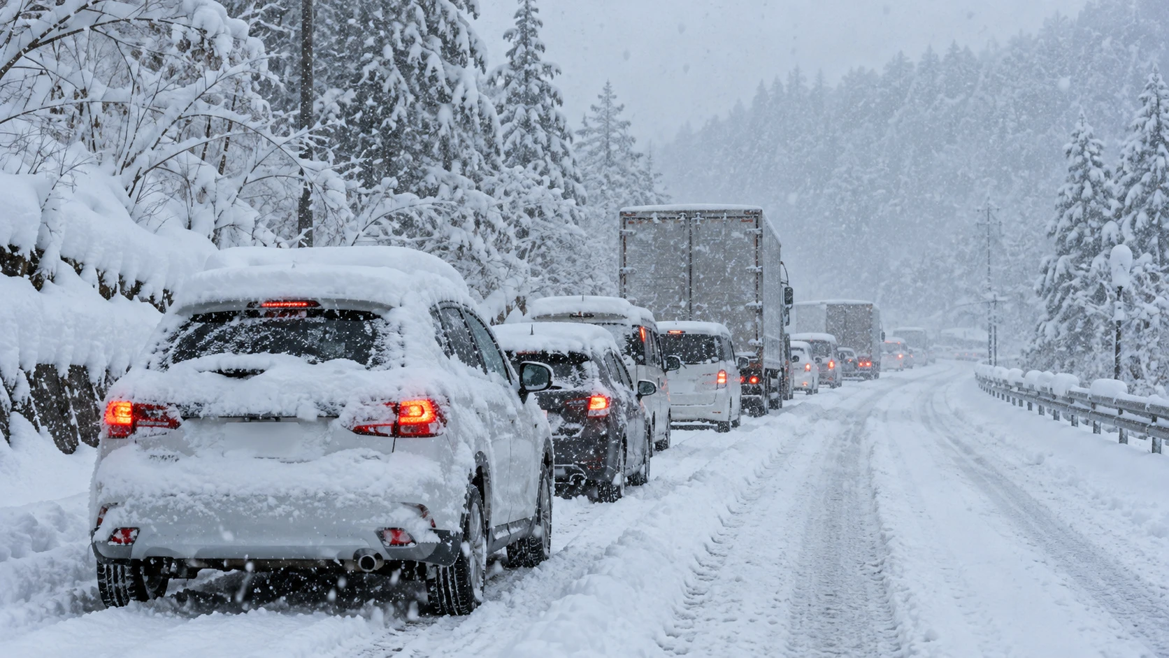 大雪で車が連なって止まっている山あいの道路｜メカピック