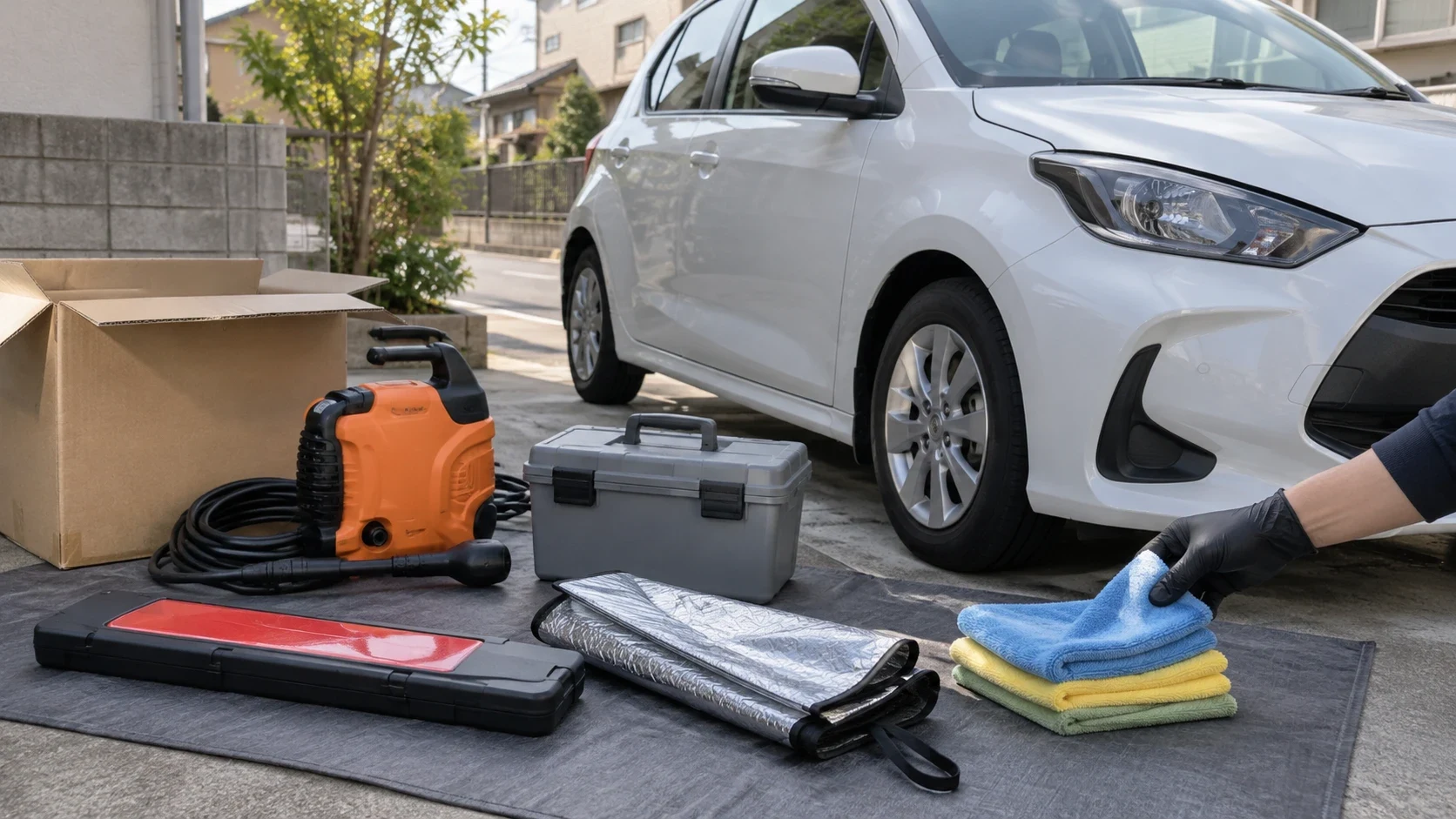 届いた車用品の返礼品を車の横に並べた様子｜メカピック