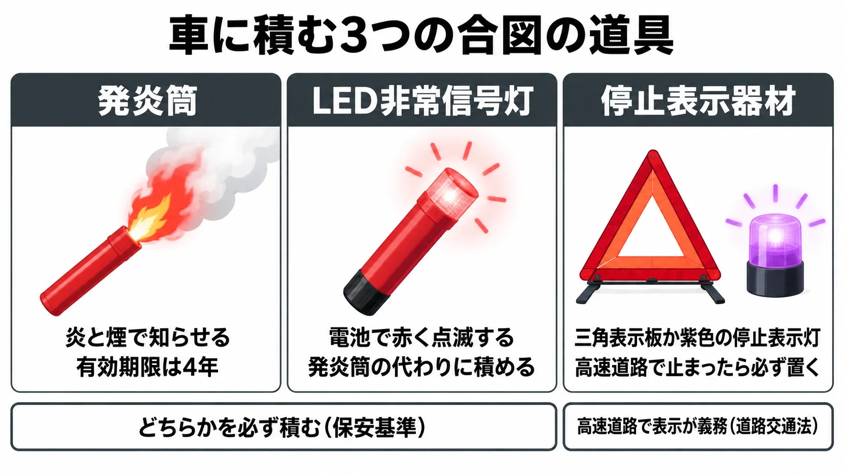 発炎筒・LED非常信号灯・停止表示器材（三角表示板・停止表示灯）の違いの図解｜メカピック