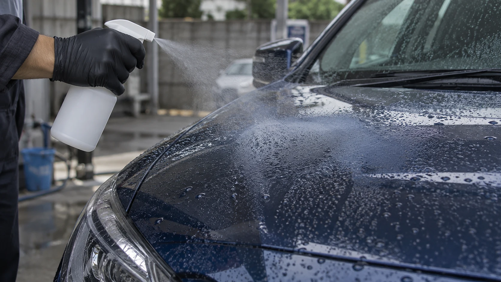 洗車後のボンネットにコーティング剤をスプレーする手元｜メカピック