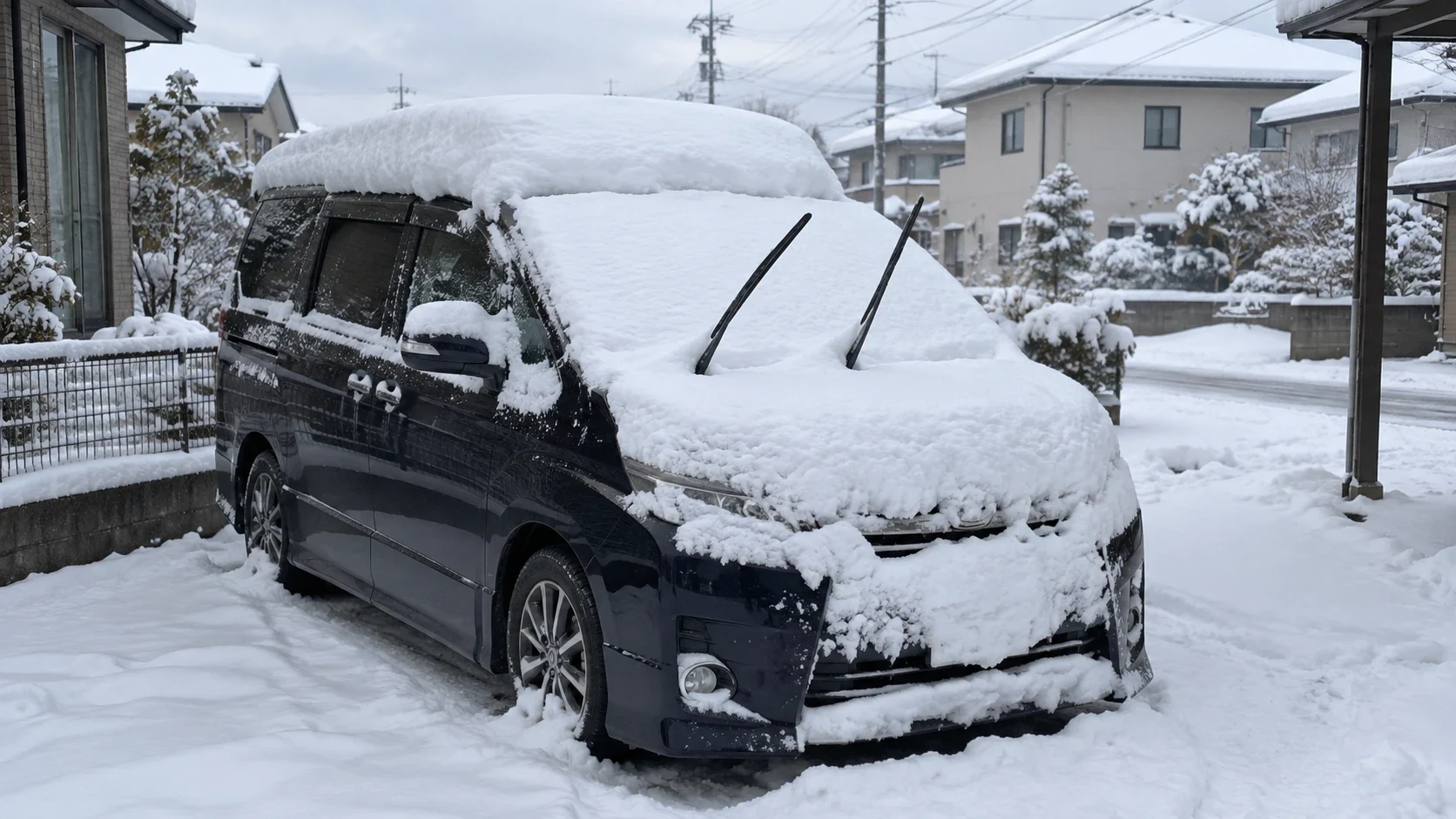 屋根とフロントガラスに雪が積もった車｜メカピック