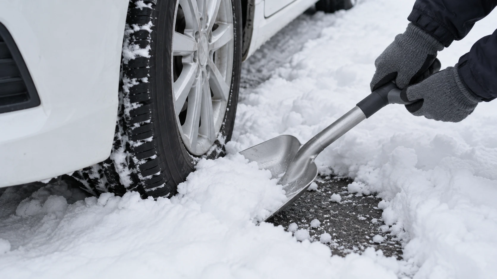 雪の駐車場で、車の前輪のまわりの雪をスコップでかき出す手元｜メカピック