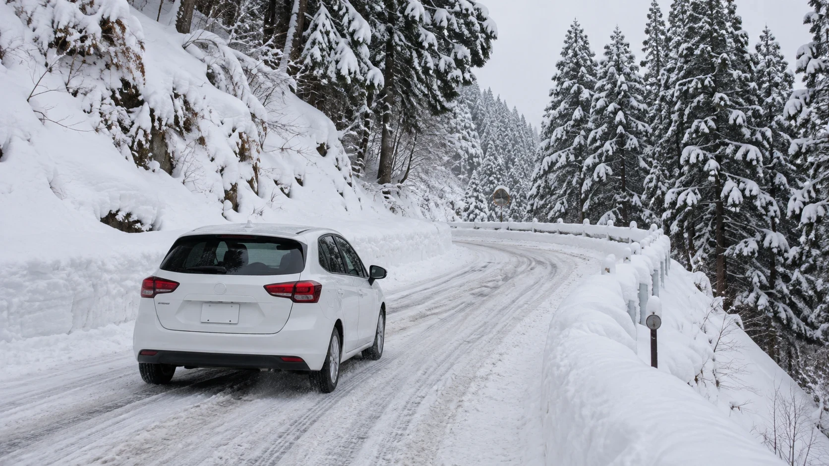 雪の積もった峠道を走る乗用車｜メカピック