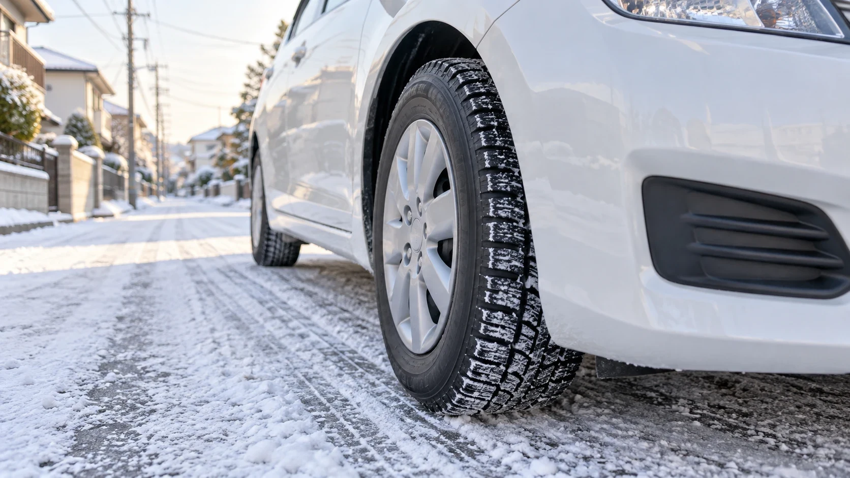 雪道を走るスタッドレスタイヤを履いた乗用車の前輪｜メカピック