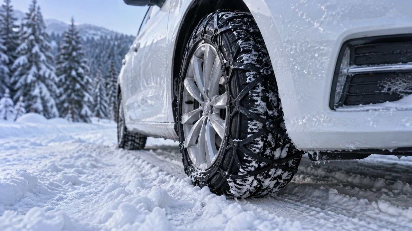 雪道でタイヤチェーンを付けた乗用車のタイヤ｜メカピック