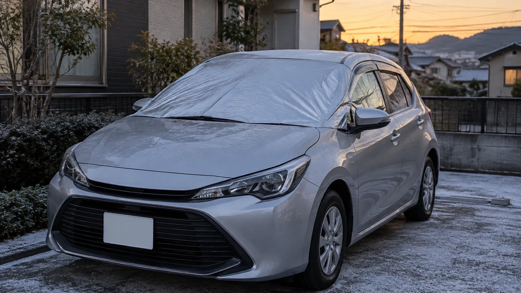 凍結防止カバーをフロントガラスに掛けた乗用車｜メカピック