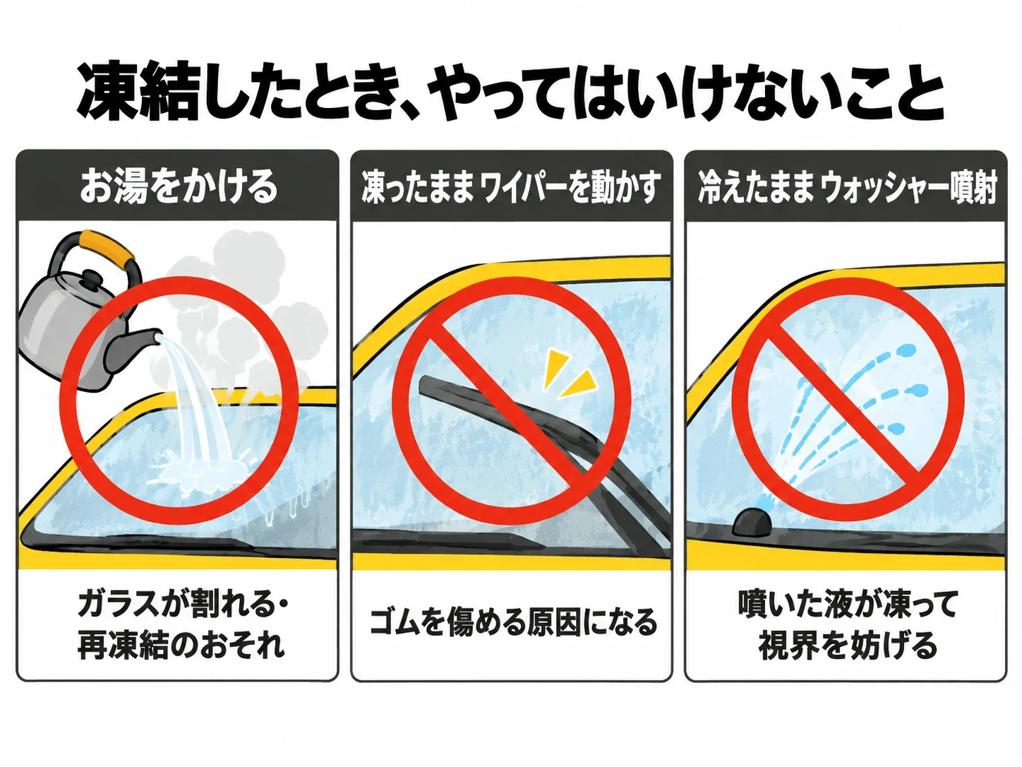 フロントガラス凍結時にやってはいけない3つのことの図解｜メカピック