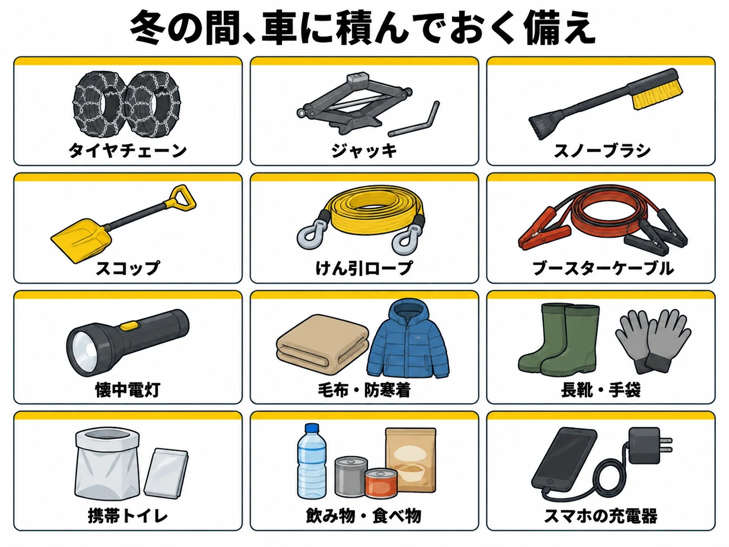 冬の間、車に積んでおく備えの一覧の図解｜メカピック