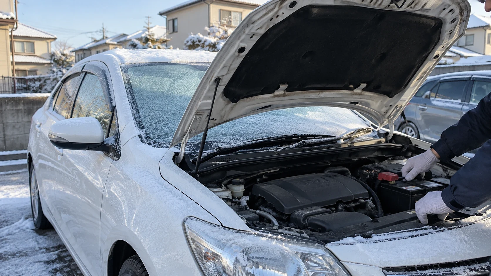 冬の朝、雪が少し積もった駐車場で点検を待つ乗用車｜メカピック