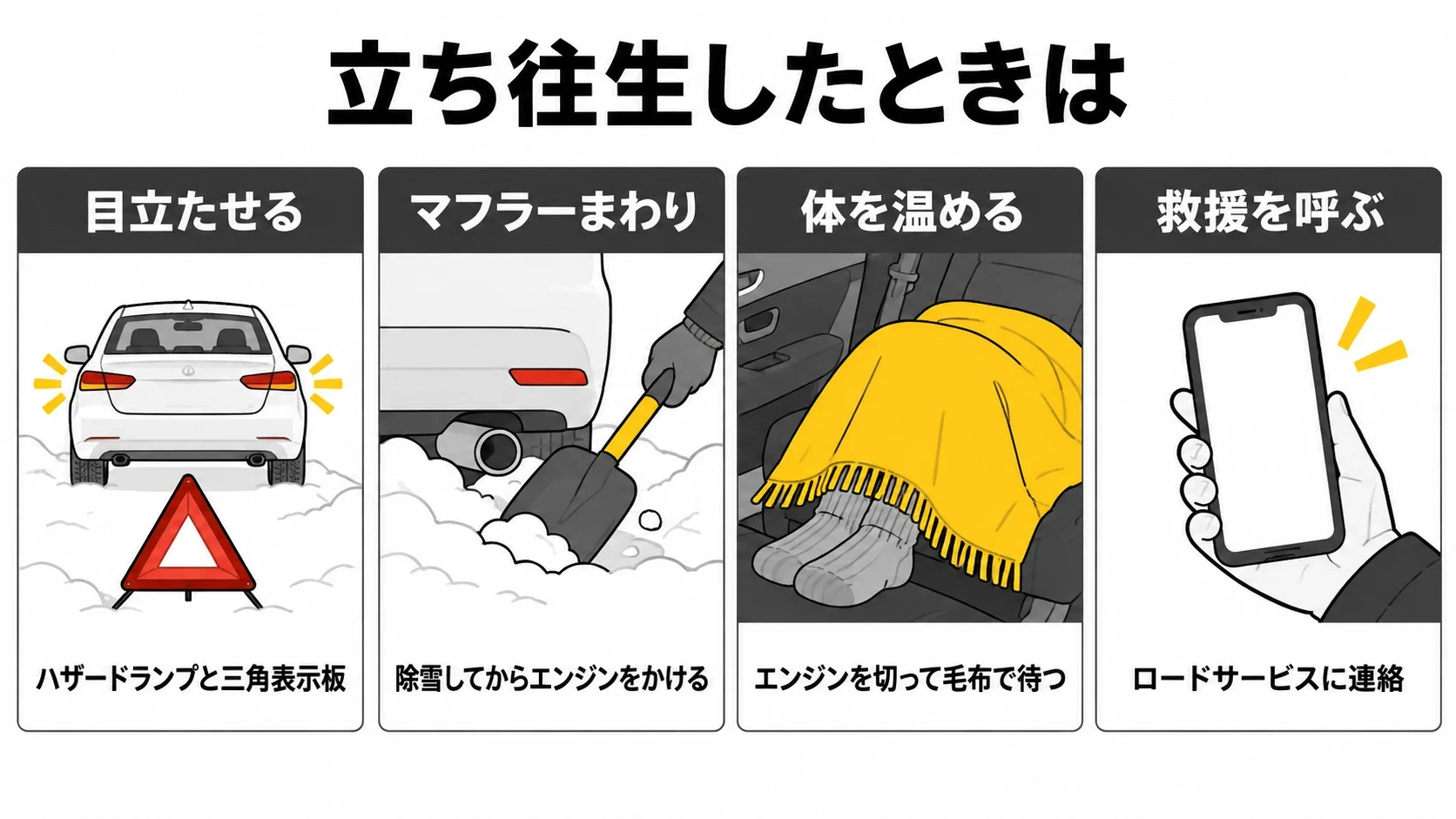 雪で立ち往生したときに車内で待つときの注意の図解｜メカピック