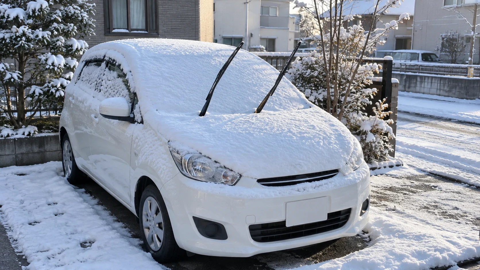雪の朝にワイパーを立てて駐車した乗用車｜メカピック